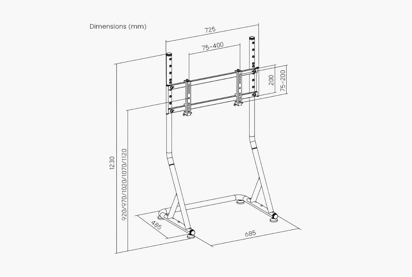 Gameon racing cockpit monitor stand dimensions diagram in millimetres