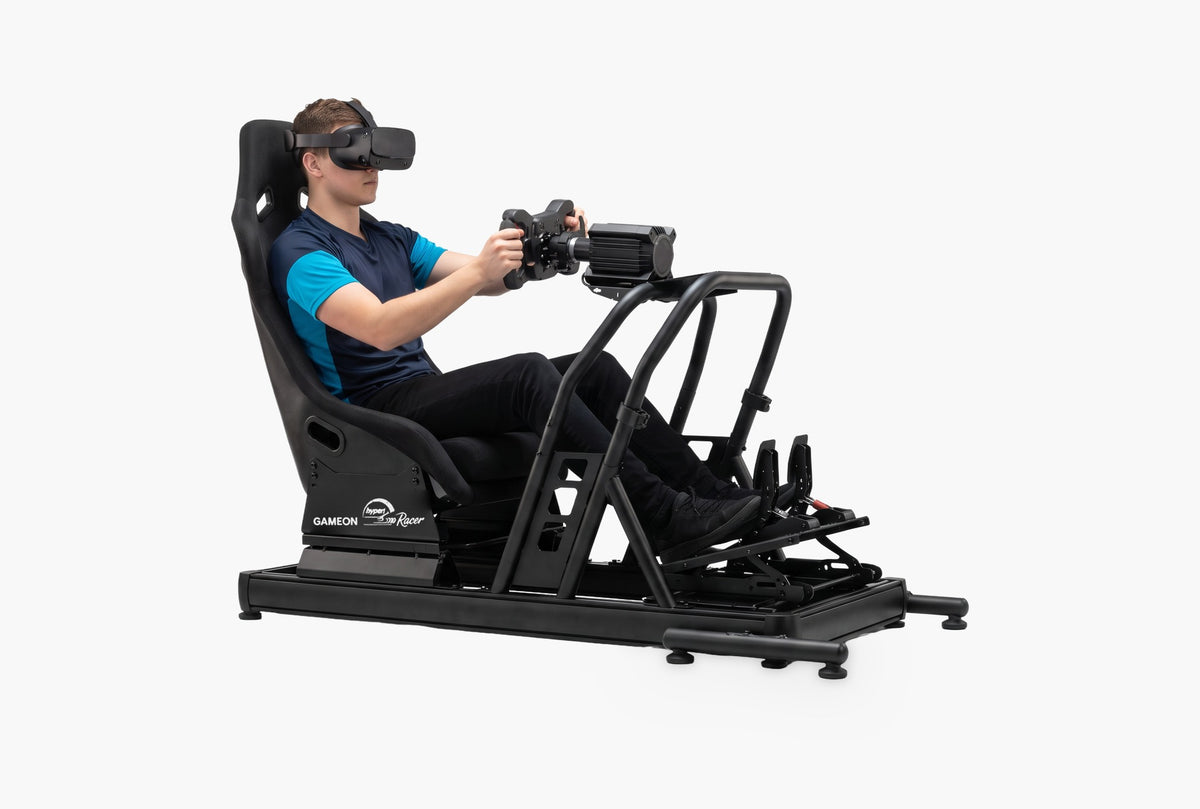 A driver racing in VR on the Hyper Racer cockpit