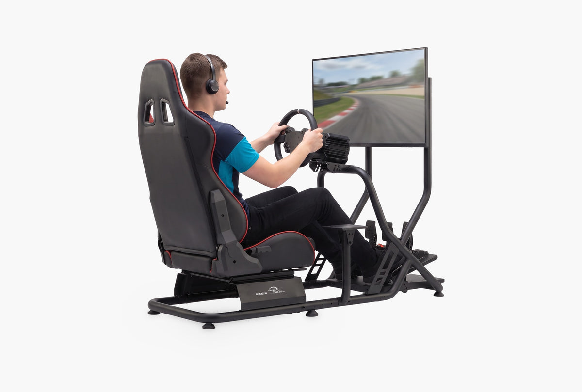 The Pro Super Racer from behind, a driver racing with a track on the screen
