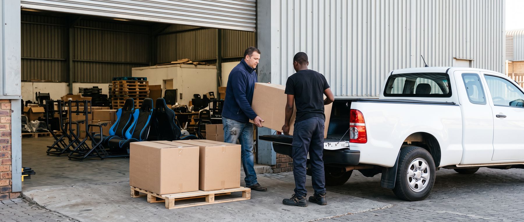 A dealer loading a boxed racing cockpit into a bakkie at the Game On Racing warehouse